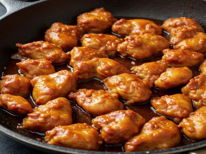 Glossy teriyaki chicken simmering in skillet