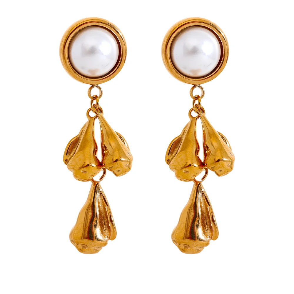 JINYOU 2492 Vintage Stainless Steel Metal Flower Drop Dangle Earrings Imitation Pearl Temperament Charm Stylish Golden Jewelry