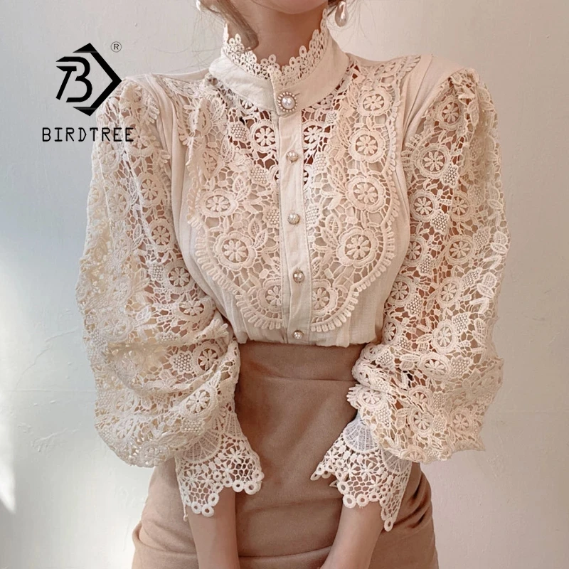 

2021 Woman Korean Tops Fashionable Chic Button All-match Lace Hollow Flower Shirt Blouse T13105Y, White