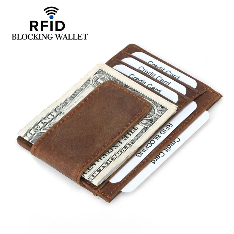 

Mens Crazy Horse Leather Money Clip with ID Window Front Pocket Wallet