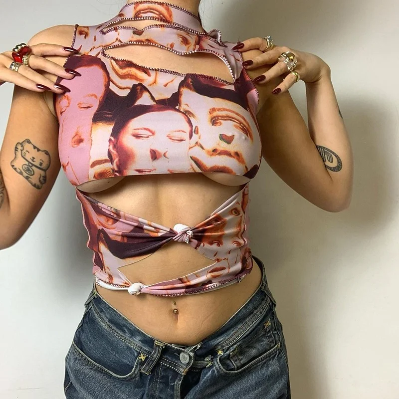 

Hot Sale New Fashion Ladies Multicolor Printed Ladies Crop Tops Hole Bandage Sleeveless Sexy O-Neck Casual Tank Tops