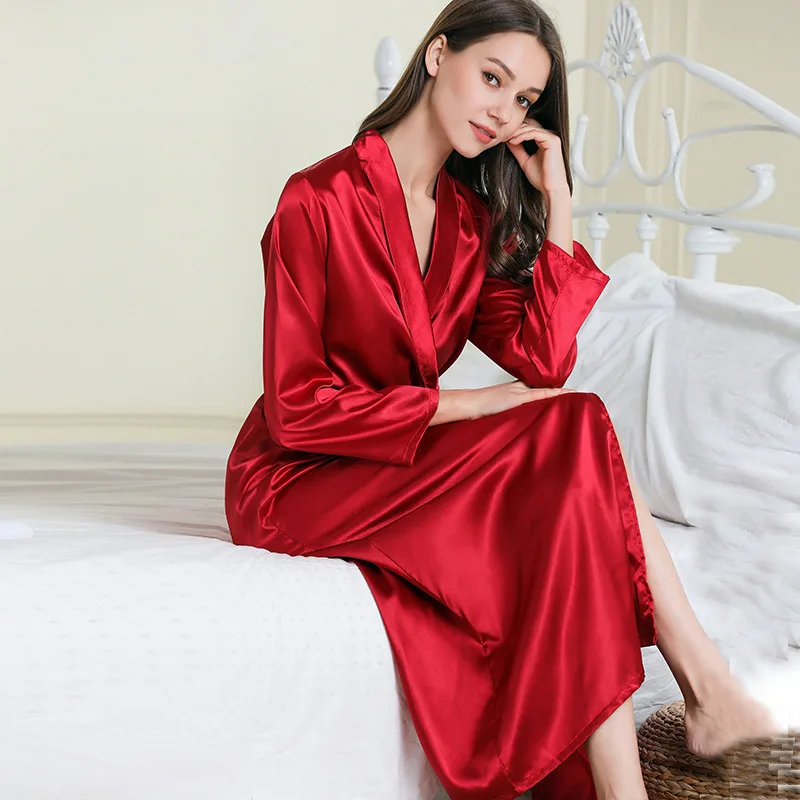 

Solid Women Sexy long Robe Piping Wedding Satin Nighty ladies pajamas bathrobes women pyjamas