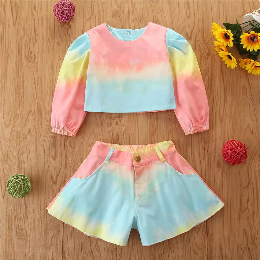 

2021 Toddler girl 2 pcs Outfit set Cute Tie Dyed Colorful Set for Summer 2-6T, As photos