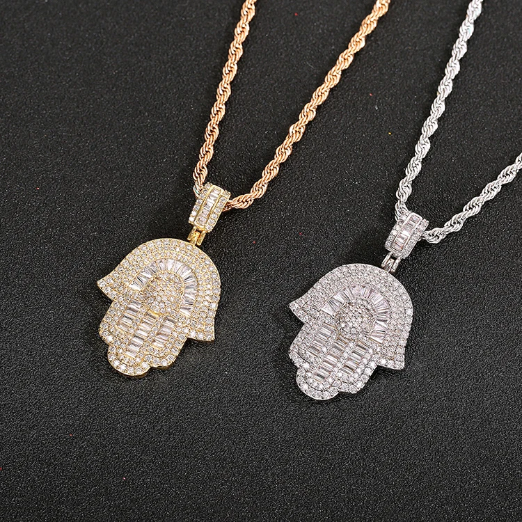 

Hip Hop Personality Micro-inlaid Zircon Ancient Fatima Hand Pendant Ladder Necklace, As picture