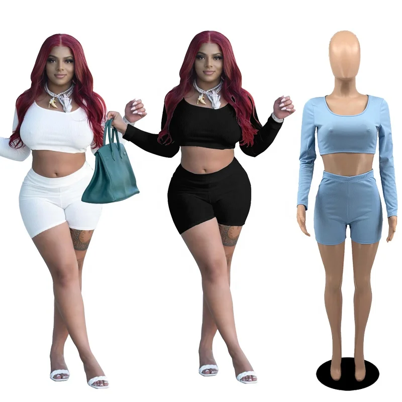 

DG6083 High quality 2021 woman short sets outfits summer ribbed high waist 2 piece set women