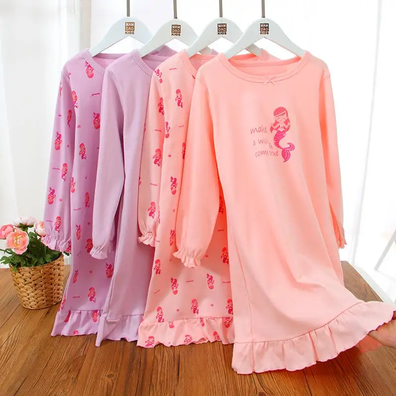 

2020 new princess nightgown long sleeve 100% cotton autumn winter pajamas nightdress girls mermaid sleeping dress, Pink, purple, pink fish, purple fish