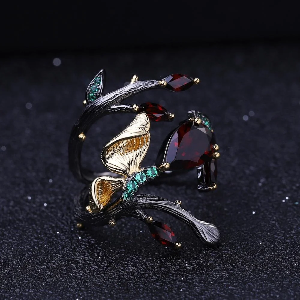 

Abiding High-end Wholesale Jewelry Custom Styles Natural Red Garnet Rings For Women 925 Sterling Silver Butterfly Ring