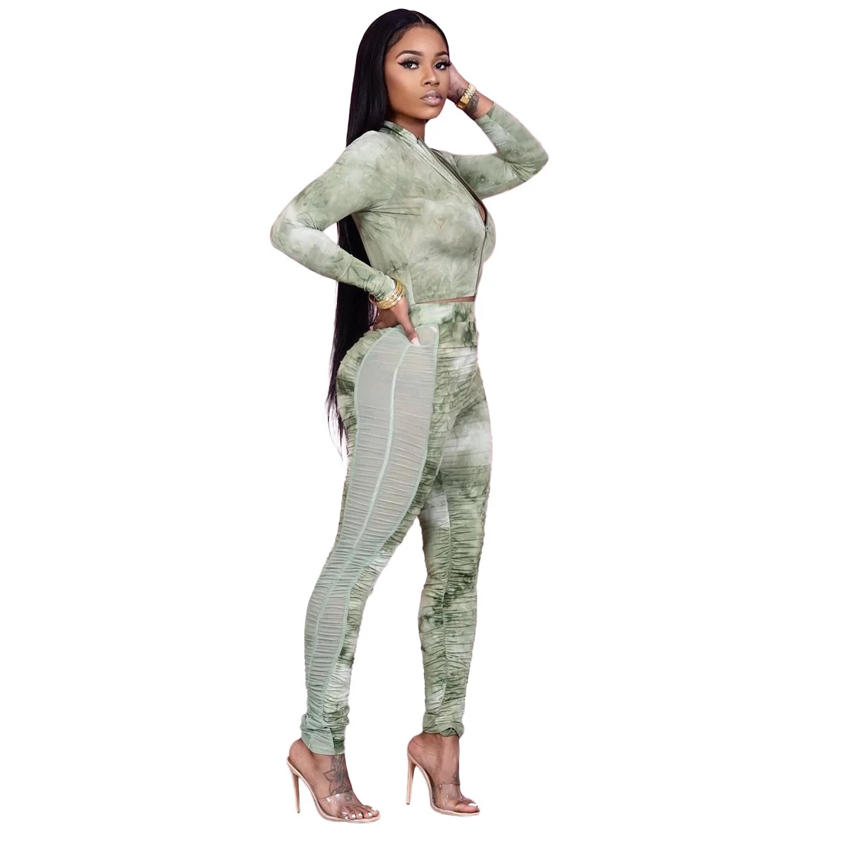 

2021 New Arrivals Fashion Women Casual Long Sleeve Crop Jacket Slim Pants 2 Pieces Set Tie Dye Mesh Patchwork Outfits Tracksuit, Picture show