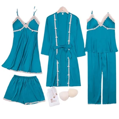 

2021 Wholesale Satin Pajama Women Bulk Sexy Femmes Longue Lace Pajamas Silk Satin Robe Pajamas For Women Long Sleeve