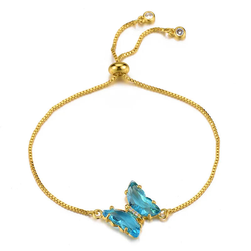 

Adjustable 18K Real Gold Plated Box Chain Butterfly Slider Bracelet Blue Crystal Butterfly Slider Bracelet For Women Girls