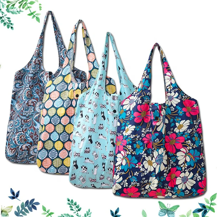 

Wholesale custom foldable pocket tote bags printed polyester folding shopping grocery bag