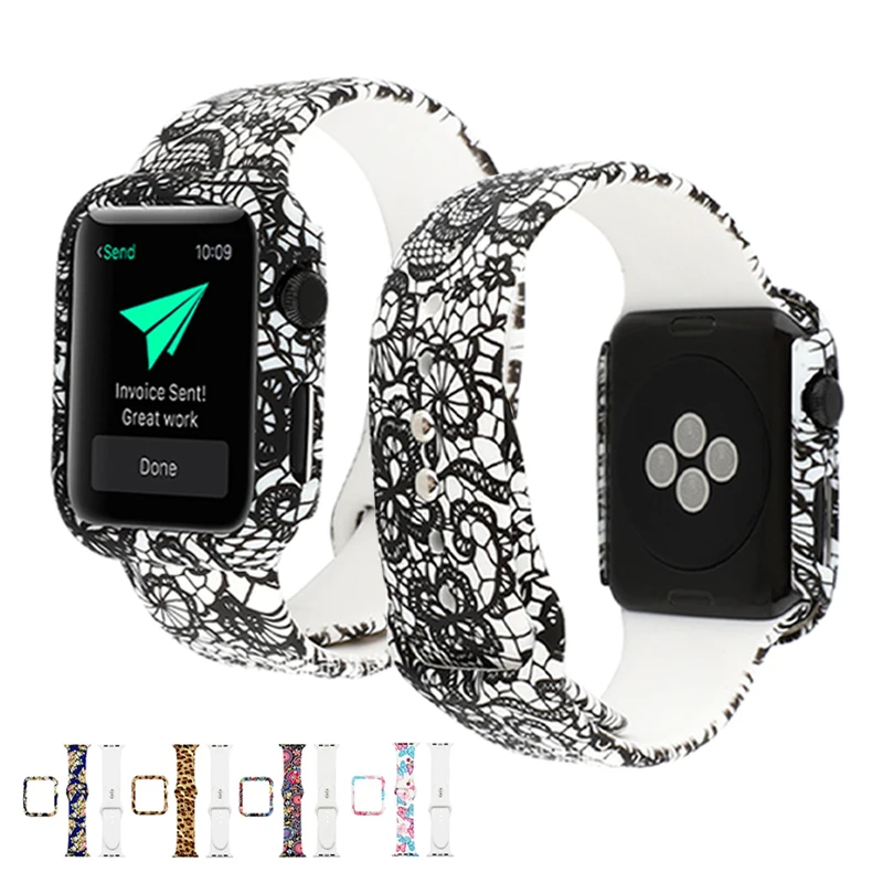 

Silicone watch band and cover for apple watch bands printed series 6 40mm printed strap for apple, 6 colors optional