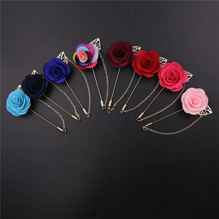 

Manufacturer wedding fabric long needle flower lapel pin tassel chain rose flower brooch for groomsmen bridesmaid, Different colors