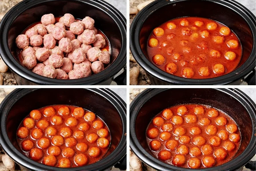 Step-by-step preparation of meatballs with chili sauce and grape jelly showing the glossy sauce coating the meatballs in a slow cooker