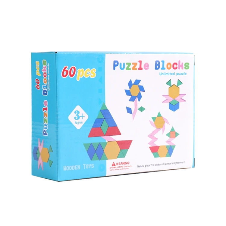 

kids toy shape matching Geometric puzzle Montessori Tangram puzzle wooden pattern blocks 60pieces