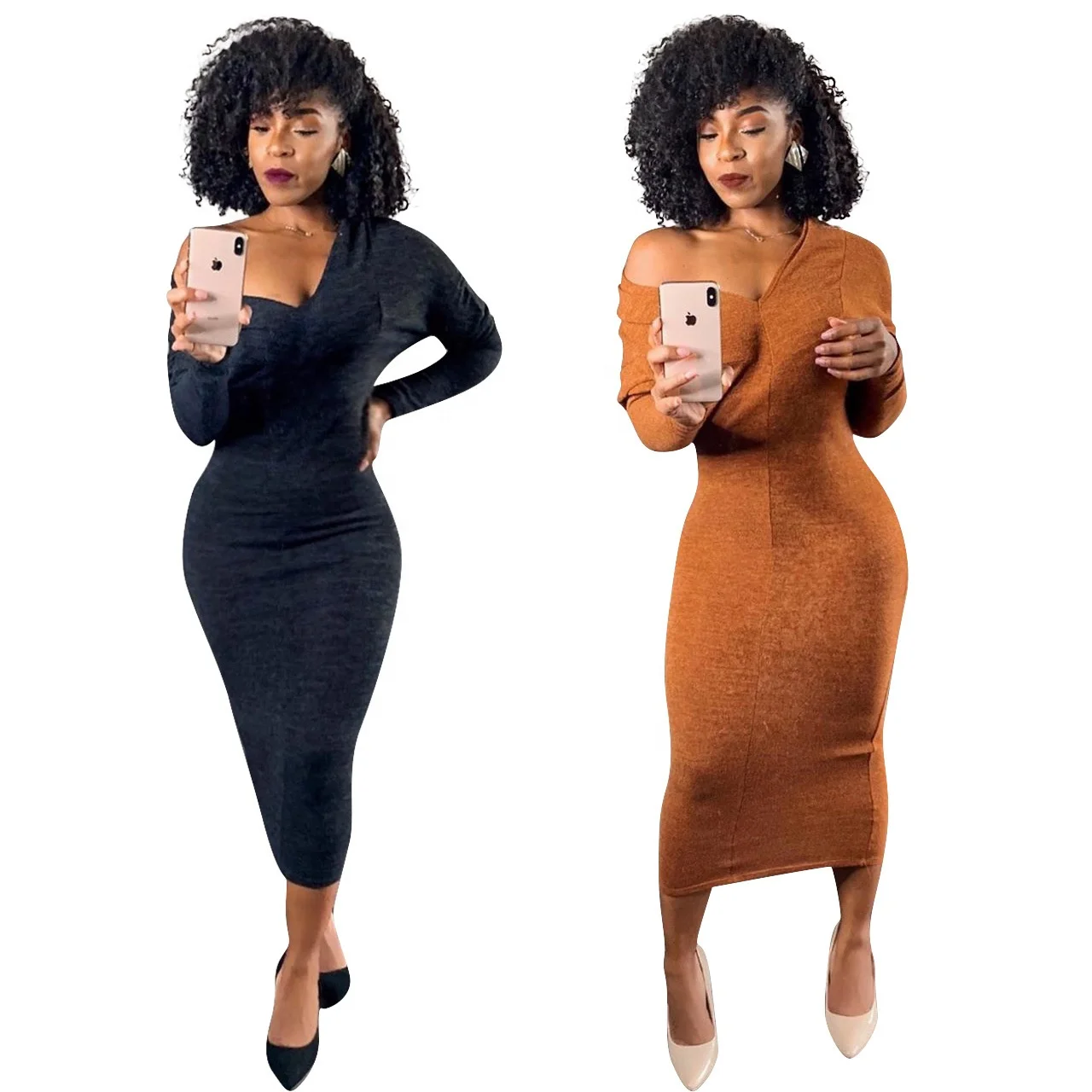 

Custom Fall Women Clothing Dropship Solid V Neck Club Wear Sexy Maxi Bodycon Long Sleeve Dress, Yellow, red, orange