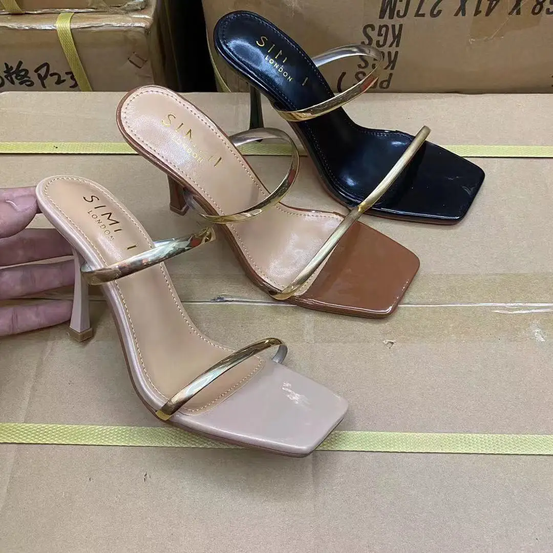 

Brand shoes women slippers sandals double gold strap stiletto heeled lady slides square peep toe female mules for summer