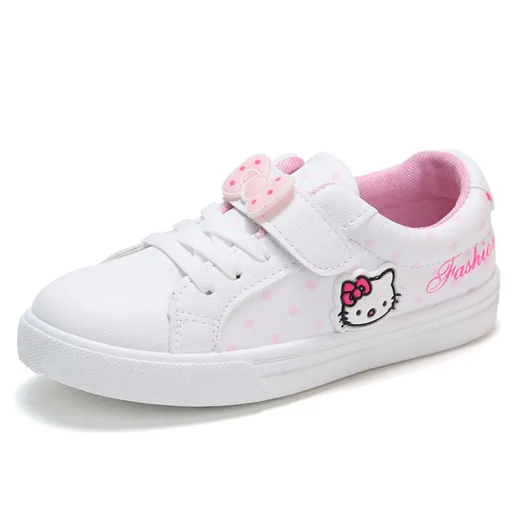 
white pink hello-kitty cat kids sweet cute school sport leather footwear student girl casual children sneaker shoes 