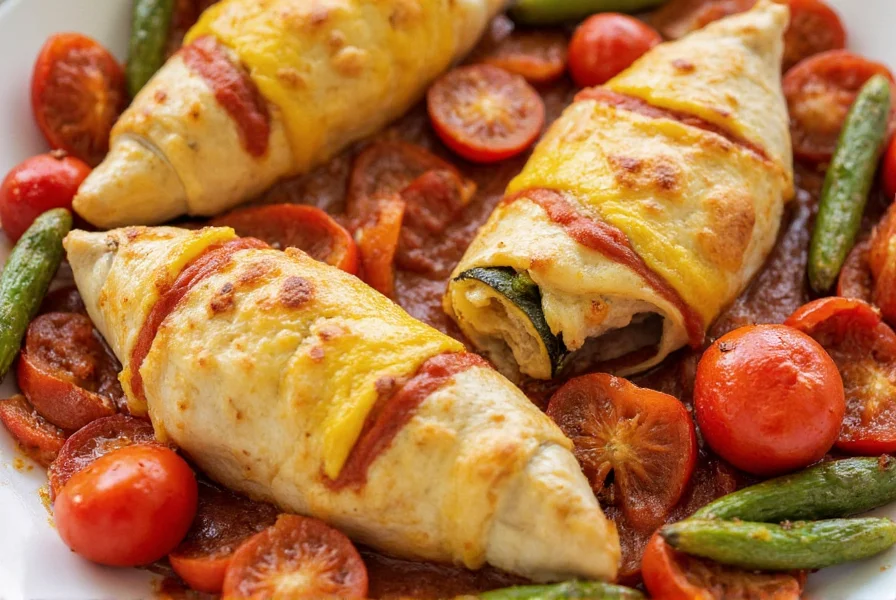 Baked chicken breasts stuffed with cheese and peppers surrounded by roasted vegetables