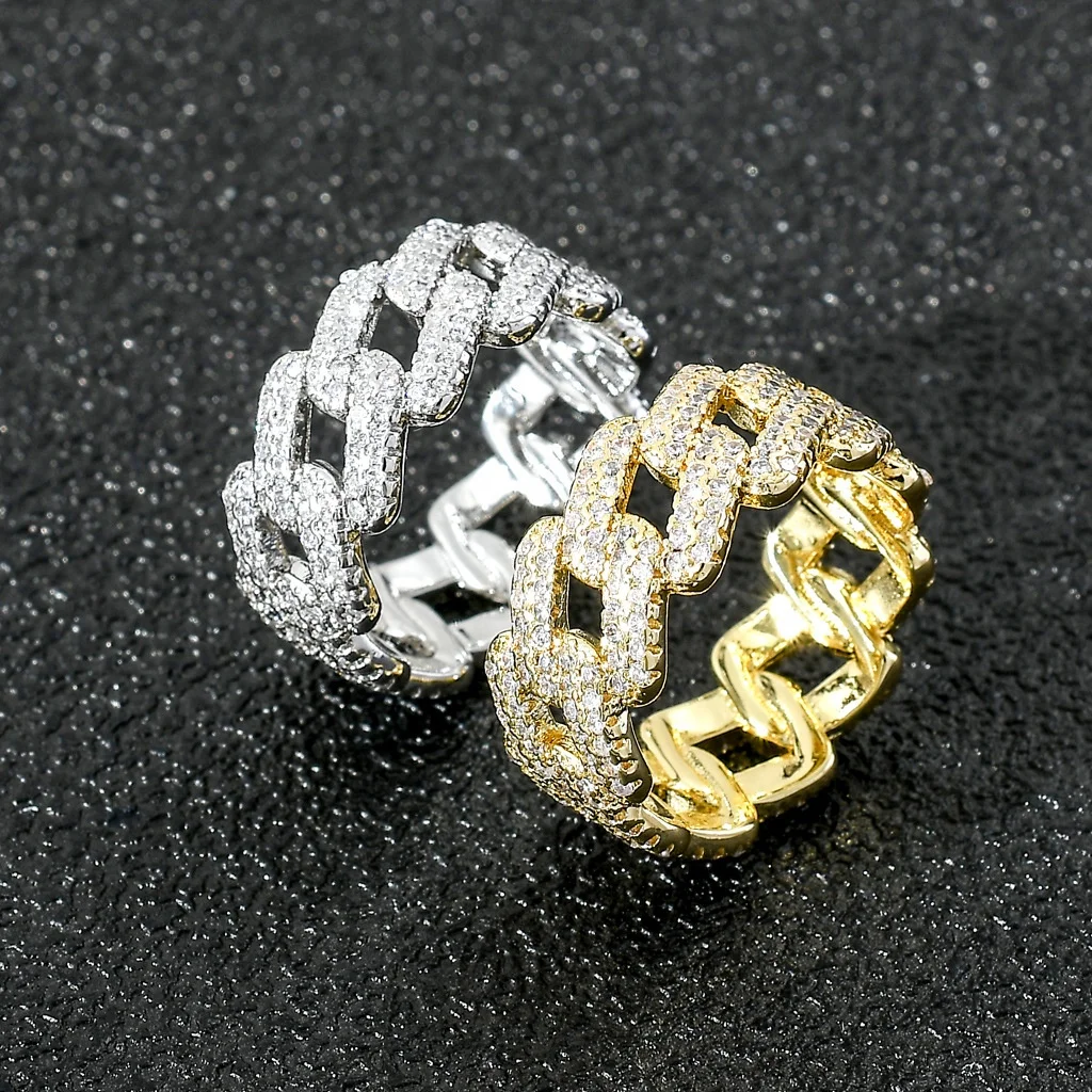 

New Hip Hop Ring 14K Gold Plated Jewelry Fashion Diamond Ring Bling Iced Out CZ Cuban Chain Ring For Women And Men