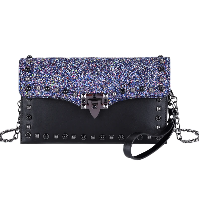 

PU Envelope style durable sequin decoration ladies clutch metal chain bag