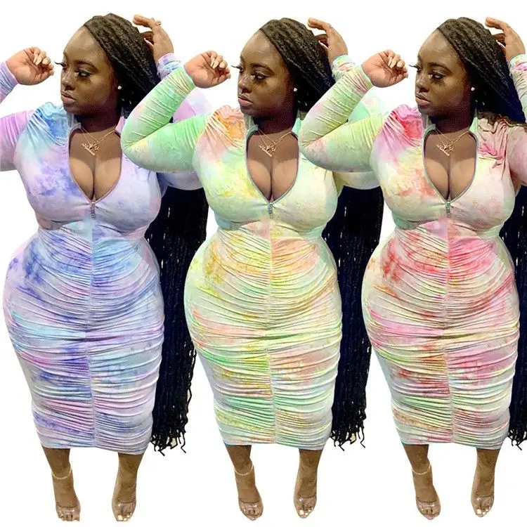

New Style Autumn V Neck Long Sleeve Gradient Color Design Zipper Draped Fat Ladies Women Plus Size Casual Dress