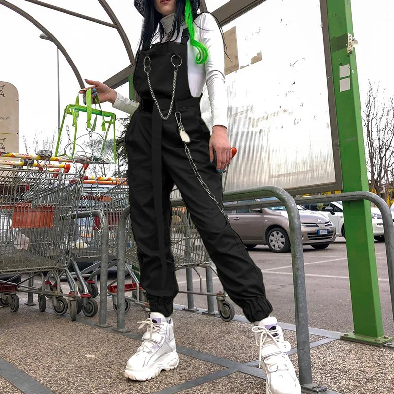 

Loose Streetwear Capris Female Casual Pants Stylish Jumpsuit Pockets Overalls Chains Buckles Women Suspenders Trousers