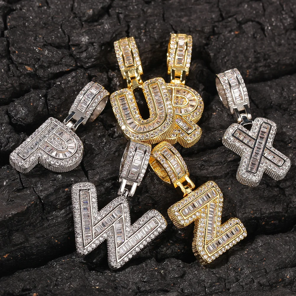 

Customize Pink Baguette Letters Small Name Necklaces&Pendant Cubic Zircon Full Iced Out For Men Hip-Hop Necklace