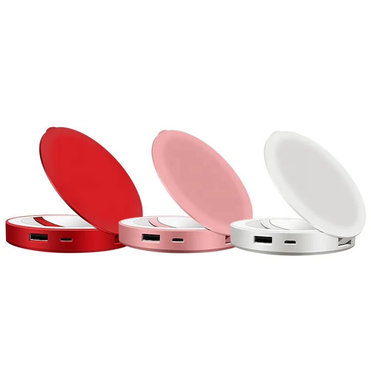 

Hot Sell Portable Hand Pocket Travel Rechargeable Battery Power Bank LED Makeup Mirror, White, pink, red, customized color