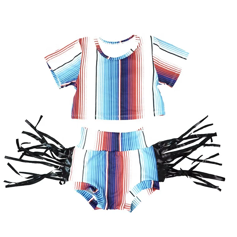 

New Design Summer Kids Clothing stripe print Girl Boutique Short Sleeve Outfit Set fringe bummies set, Picture shows