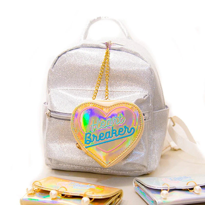 

Wholesale cute laser pu heart shaped coin bag women hologram coin pouch girls embroidery coin purses with chain