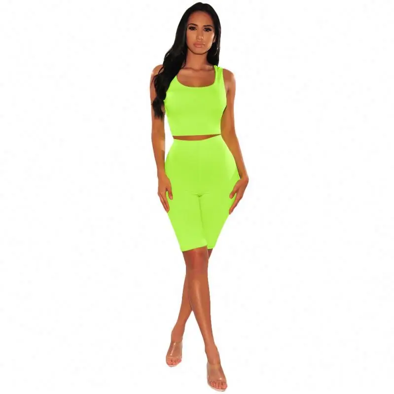 

Custom print logo neon green summer clothing womens 2 piece short sets