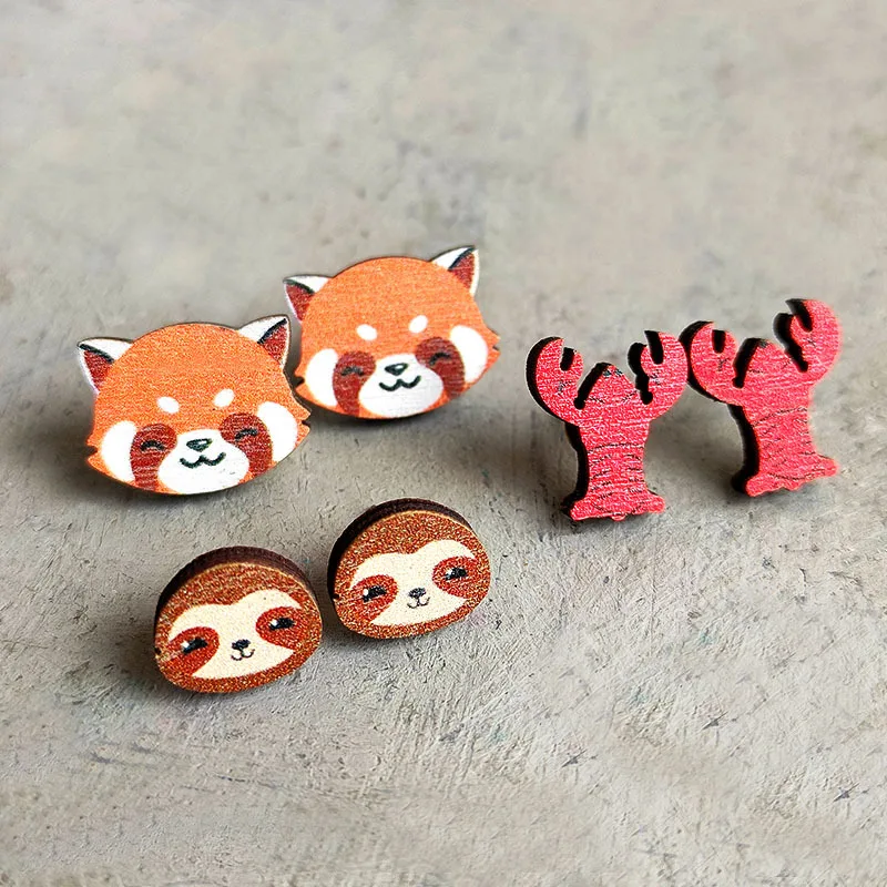 Cute Fox Stud Earrings Crayfish Sloth Animal Student Wood Earrings Teacher Gift Earrings