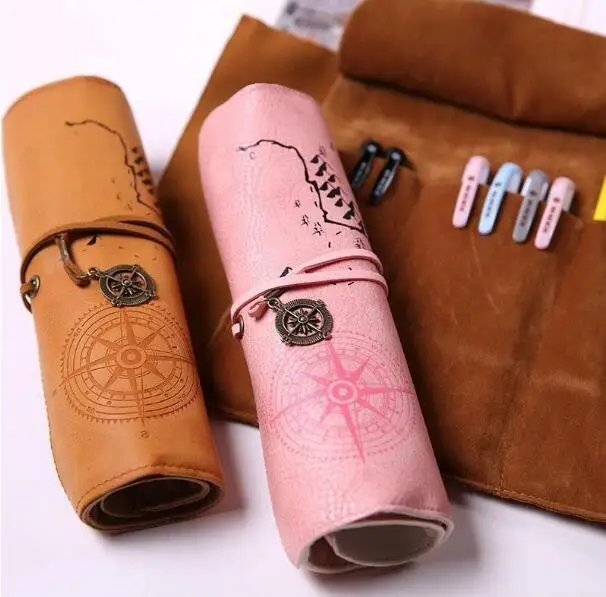 Hot Vintage PU Leather Cosmetic Bag Luxury Treasure Map Pencil Cases Roll Pen Bag Pouch