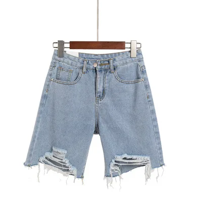 

B52670A Korea fashion high waist women casual ragged jeans shorts, Blue
