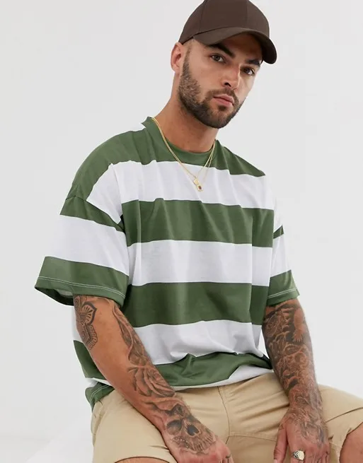 

Fashionable Street Wear Men Loose Ribbed Crew Neck Drop Shoulder Sleeves Stripe T Shirt Custom