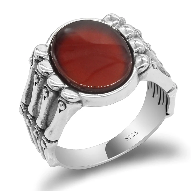 

925 Sterling Silver Turkish Men Ring with Natural Red Agate Stone and Black CZ , Oxidized Ring for Man Fashion 925 Jewelry, White gold plated
