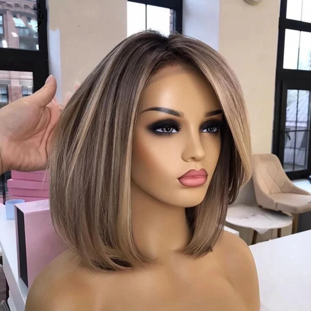 

Ash Brown Highlights Short Straight Human Hair Wigs 13x4 Transparent HD Lace Frontal Wig For Women Remy Hair Grey Blonde Bob Wig