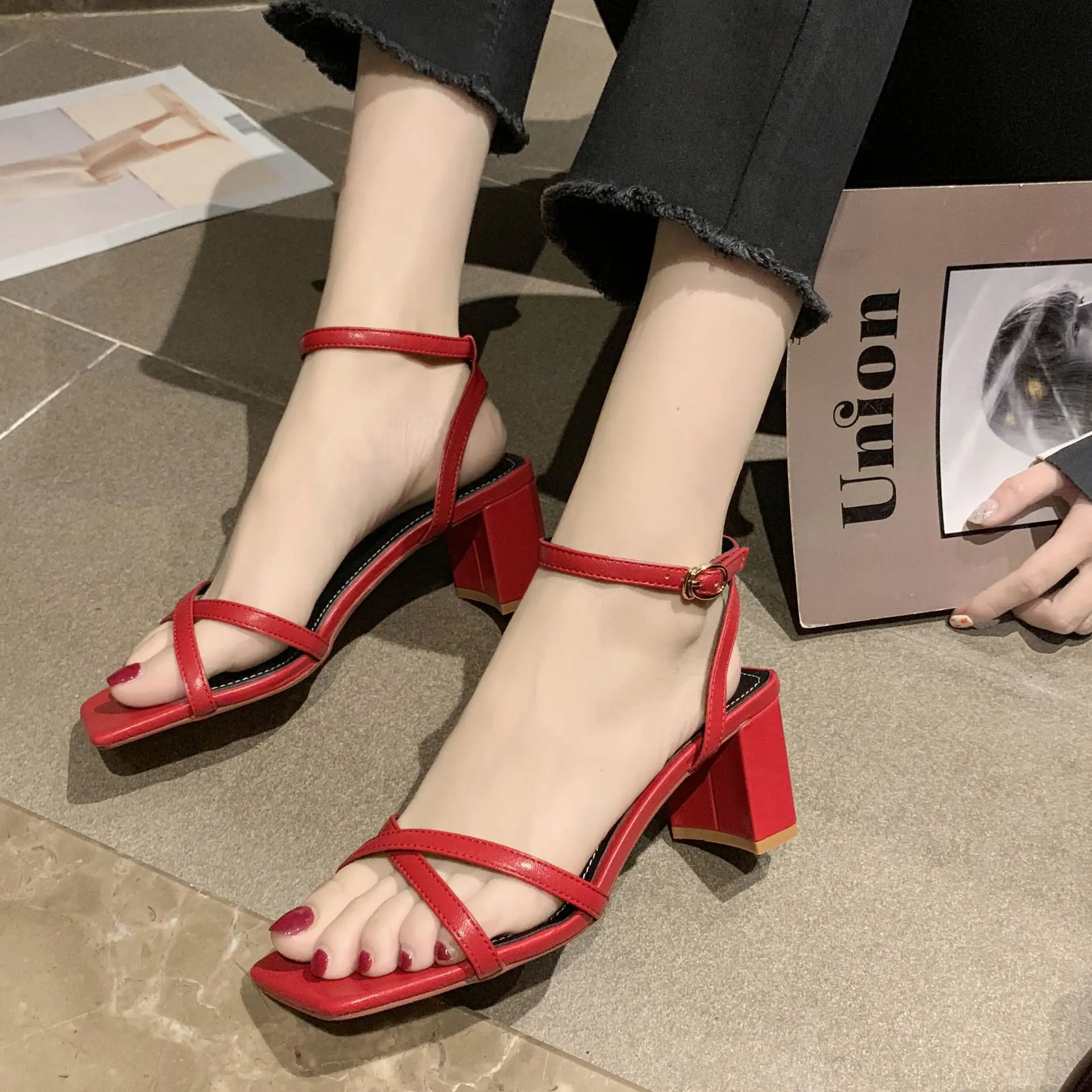 

PDEP Thick heel sandals women summer 2020 new fashion Roman Shoes Black flat strap high heels, White,black,red,yellow