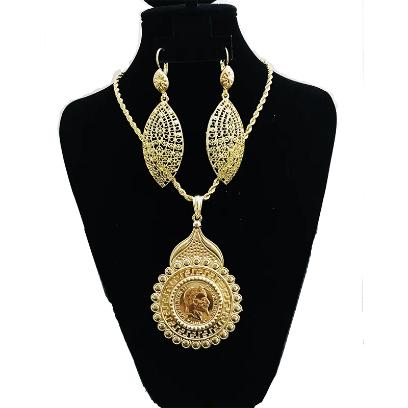 

Arab Algeria Fashion Gold Filled Jewelry Set Earring Necklace Coin Design Napoleon Figure Jewelry Sets, Gold and silver