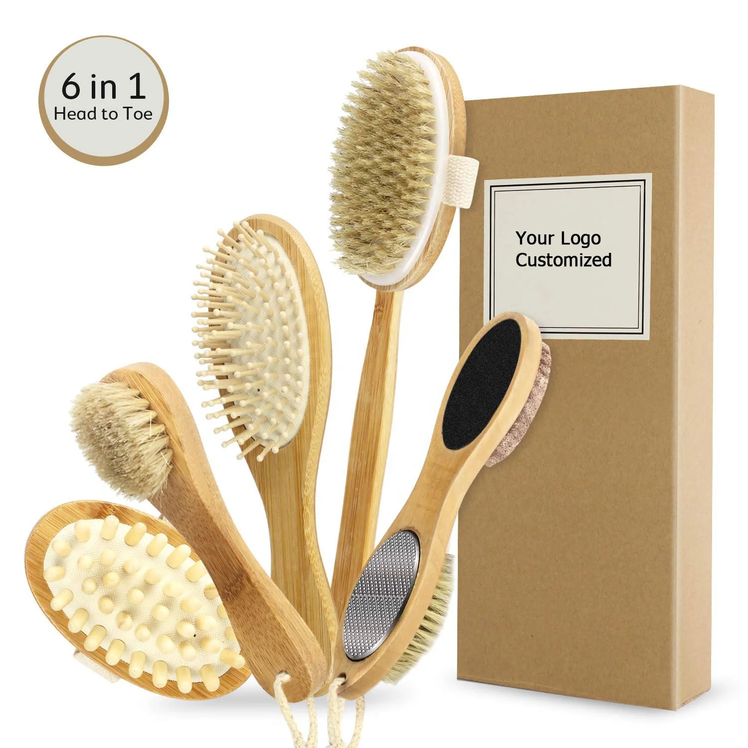

6 in 1 Dry Head to Toe Body Brushing Set Natural Bristle Shower Brush Bamboo Body Brush
