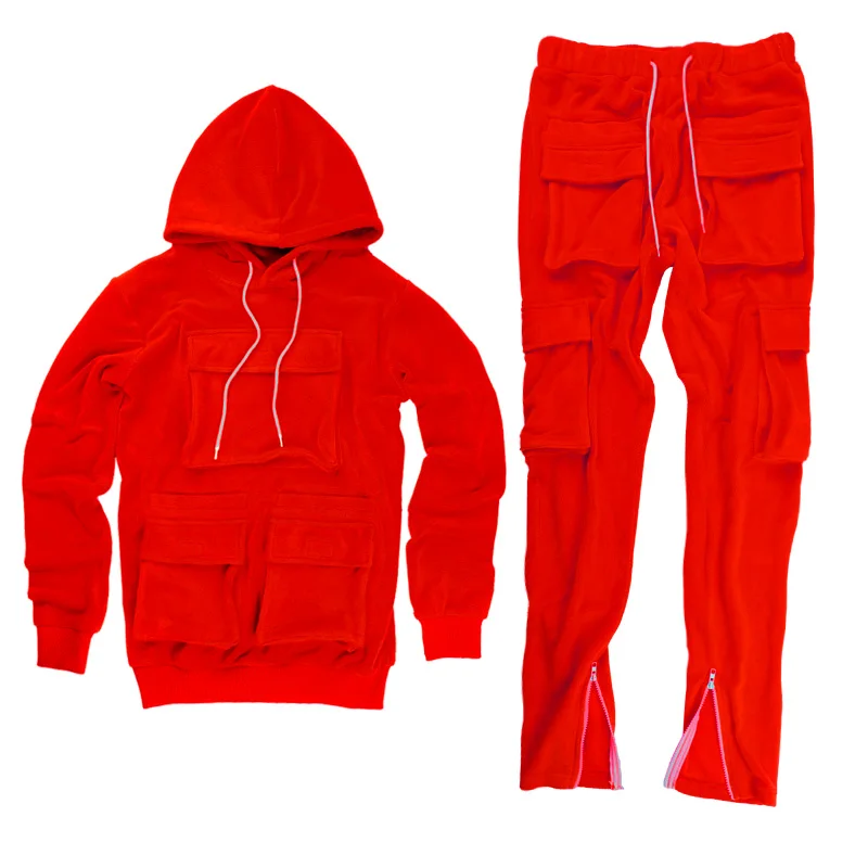 

TT013 Cargo Pockets Two Piece Sets Sweatsuit Cotton Terry Cargo Sportswear Men