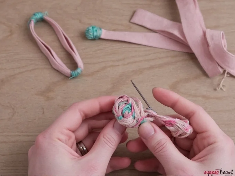 Hands braiding fabric strips for durable homemade sling construction