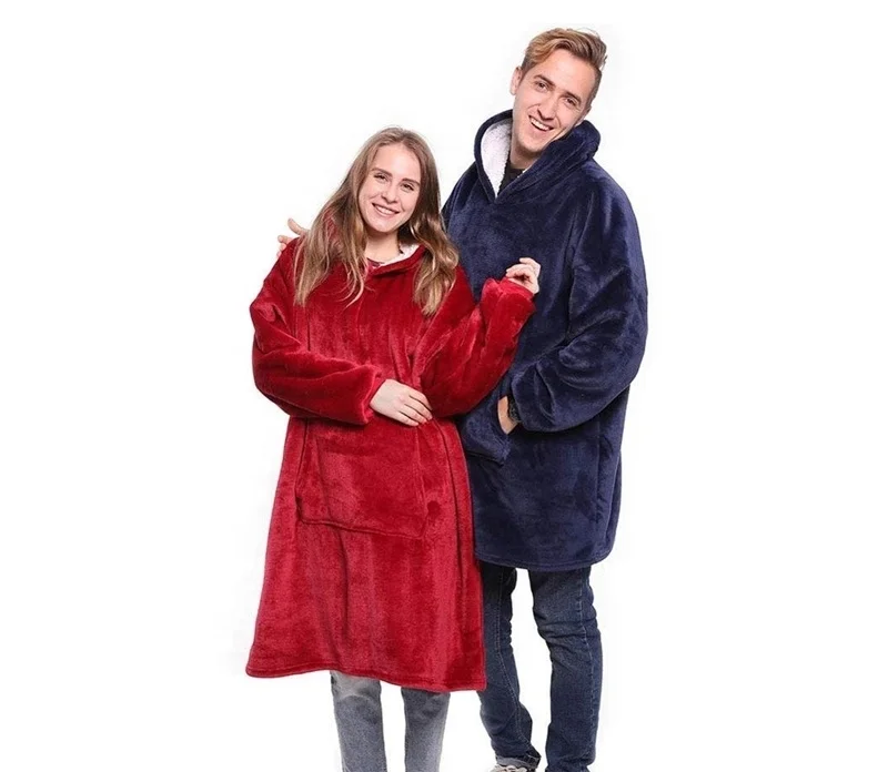 

Wholesale Cozy Flannel Sherpa Huggle Hoodie Blanket Fit Winter Sweatshirt Blanket Oversize Fashion Pullover Blanket for Unisex, 5colors