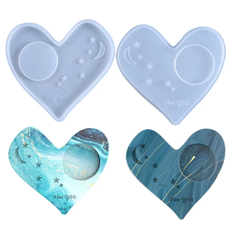 

Y1801 Shiny heart shape candle holder coasters resin silicone molds, White