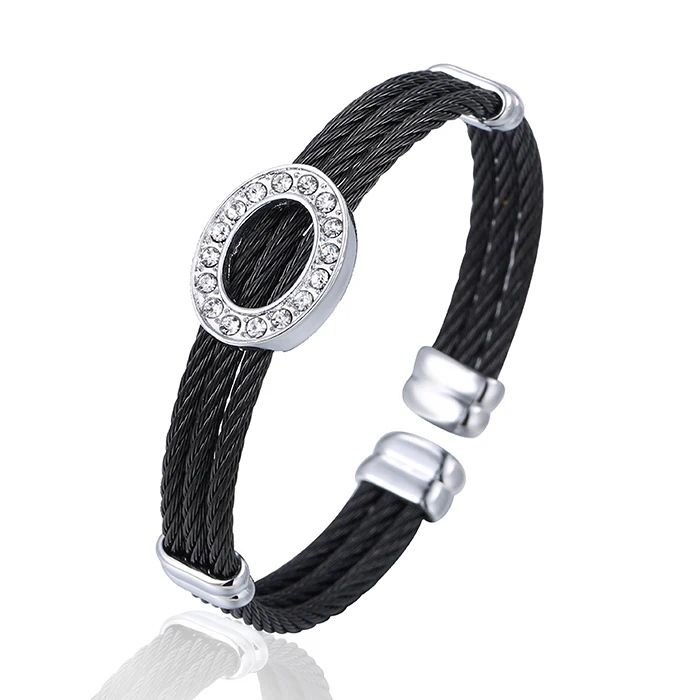 52314 wholesale stainless steel bangle, fashion women bangle, inlayed stone cuff leather bangle