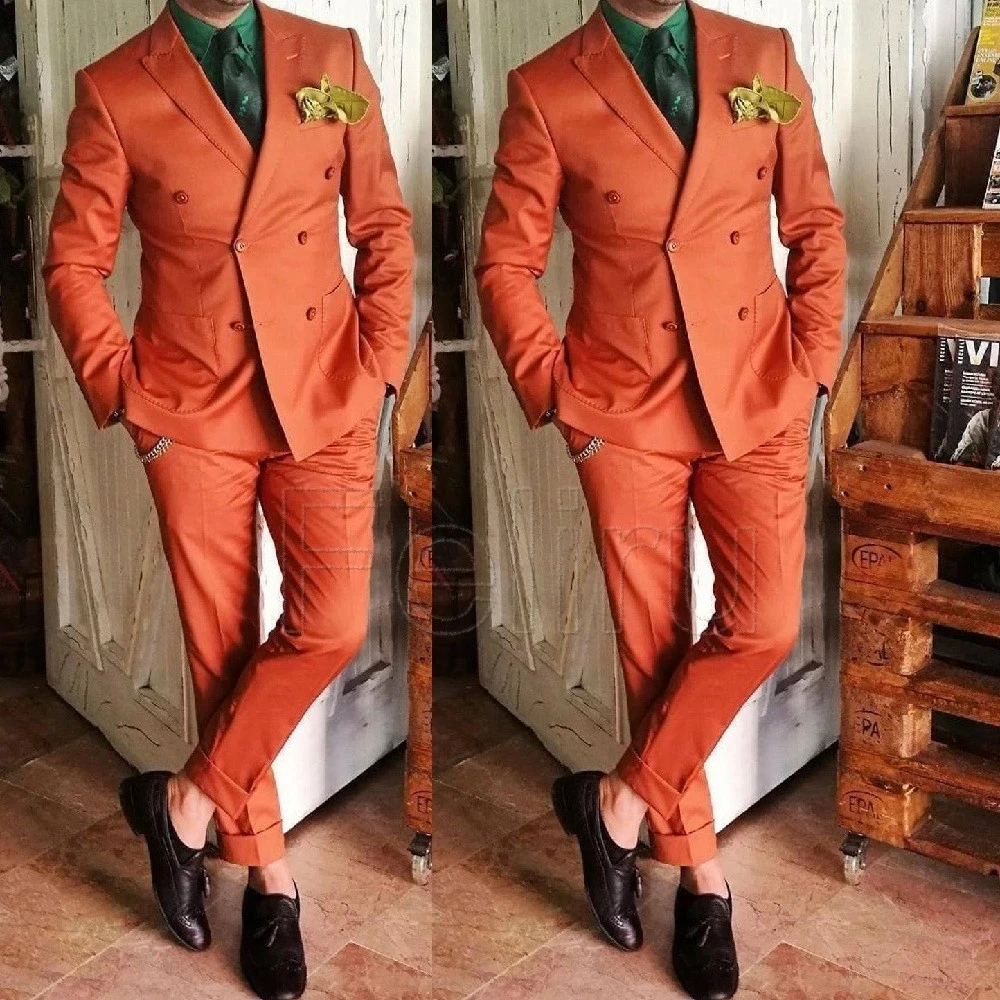 

Orange Men Suits Peaked Lapel Double Breasted Costume Homme Groom Prom Blazer Slim Fit 2 Pieces Wedding Tuxedos Terno Masculino, Custom made