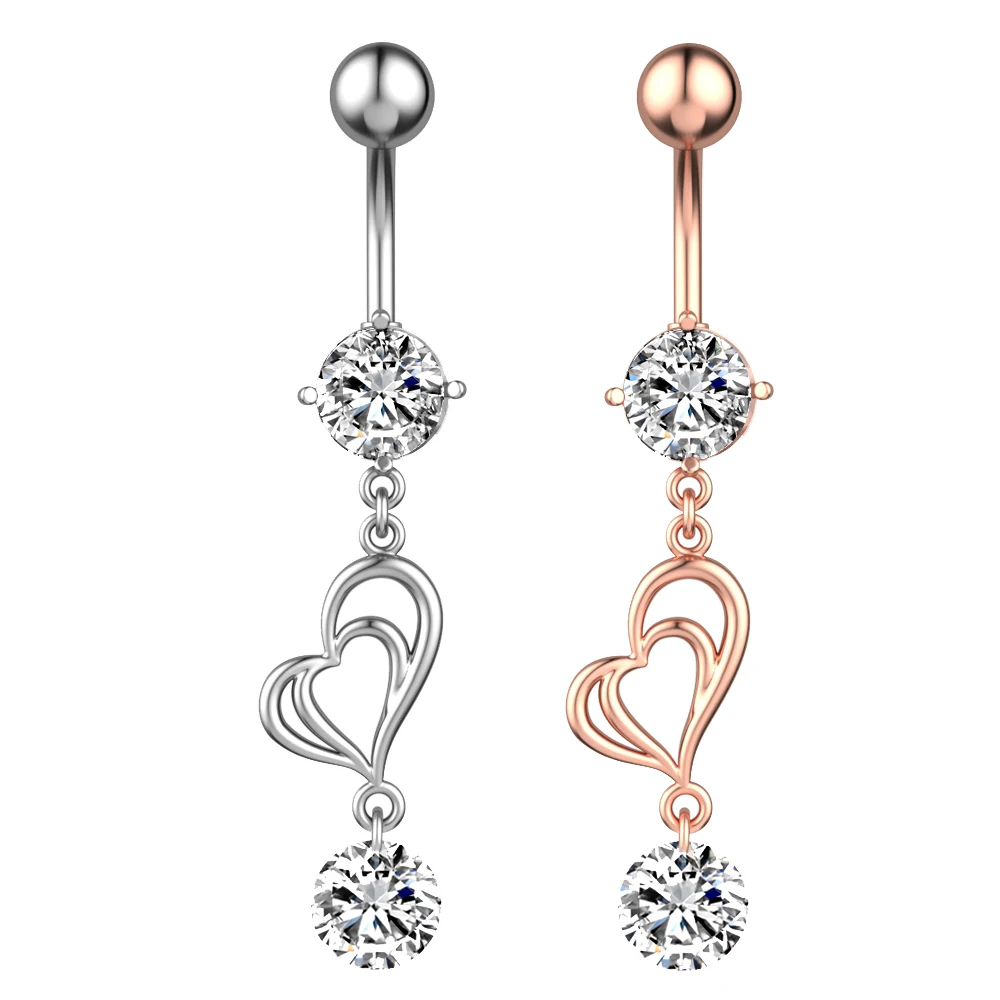 

Hot Seller Double-Decker Peach Heart Pierce Belly Button Stainless Steel Ring Navel Glistening Large Zircon Body Jewelry