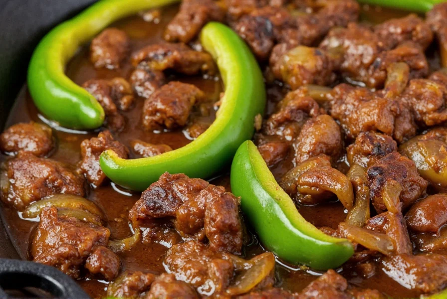 Close-up of perfectly cooked pepper steak with vibrant green peppers and caramelized onions in a glossy brown sauce