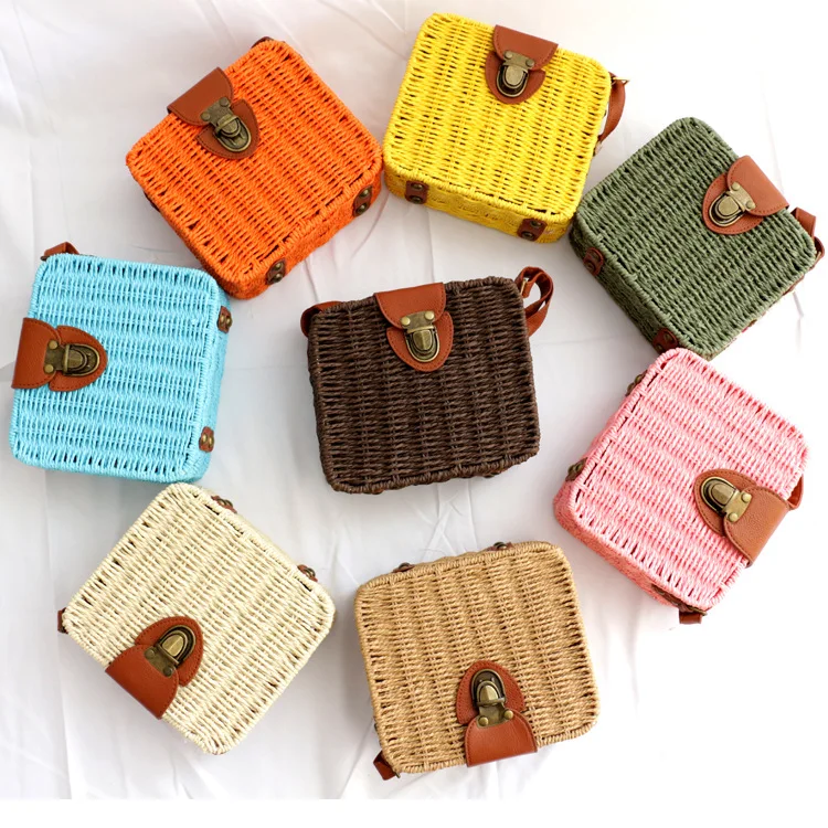 

New Candy Color Rattan Grass Woven Bag Mini Square Change Purse Crossbody Bag